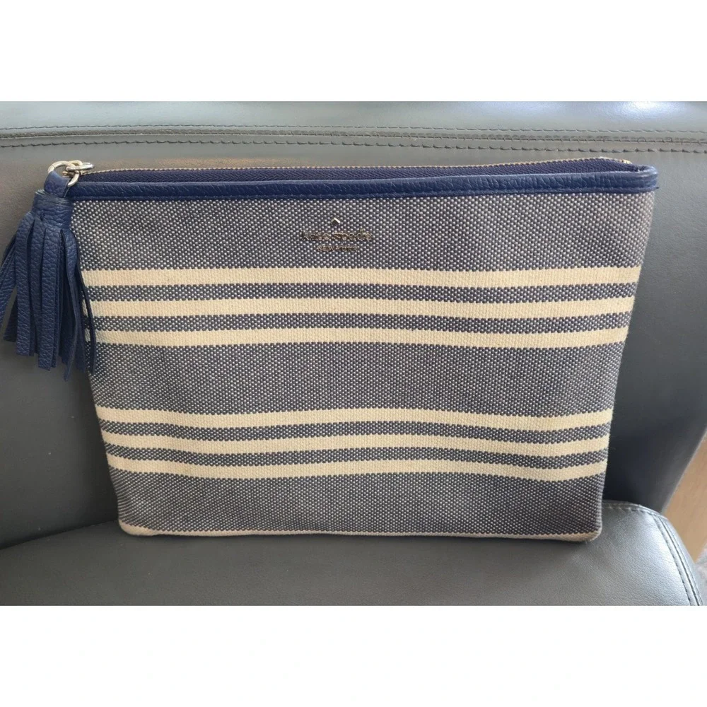 Kate Spade Parchment‎ Zippered Pouch Navy/Ivory Striped Canvas Tassel